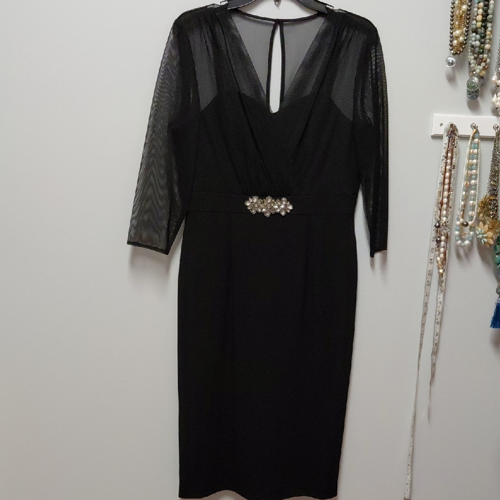 Alex Evenings Black Dress with Sheer Sleeves and Embellished Waist, Size 8
